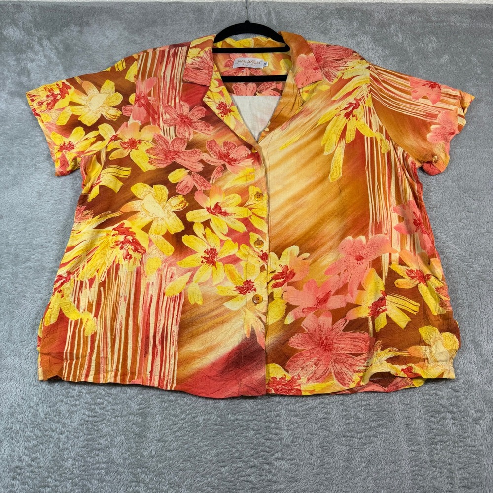 Jams World Button Up Shirt Womens XL Orange Floral Splash Rayon Hawaiian